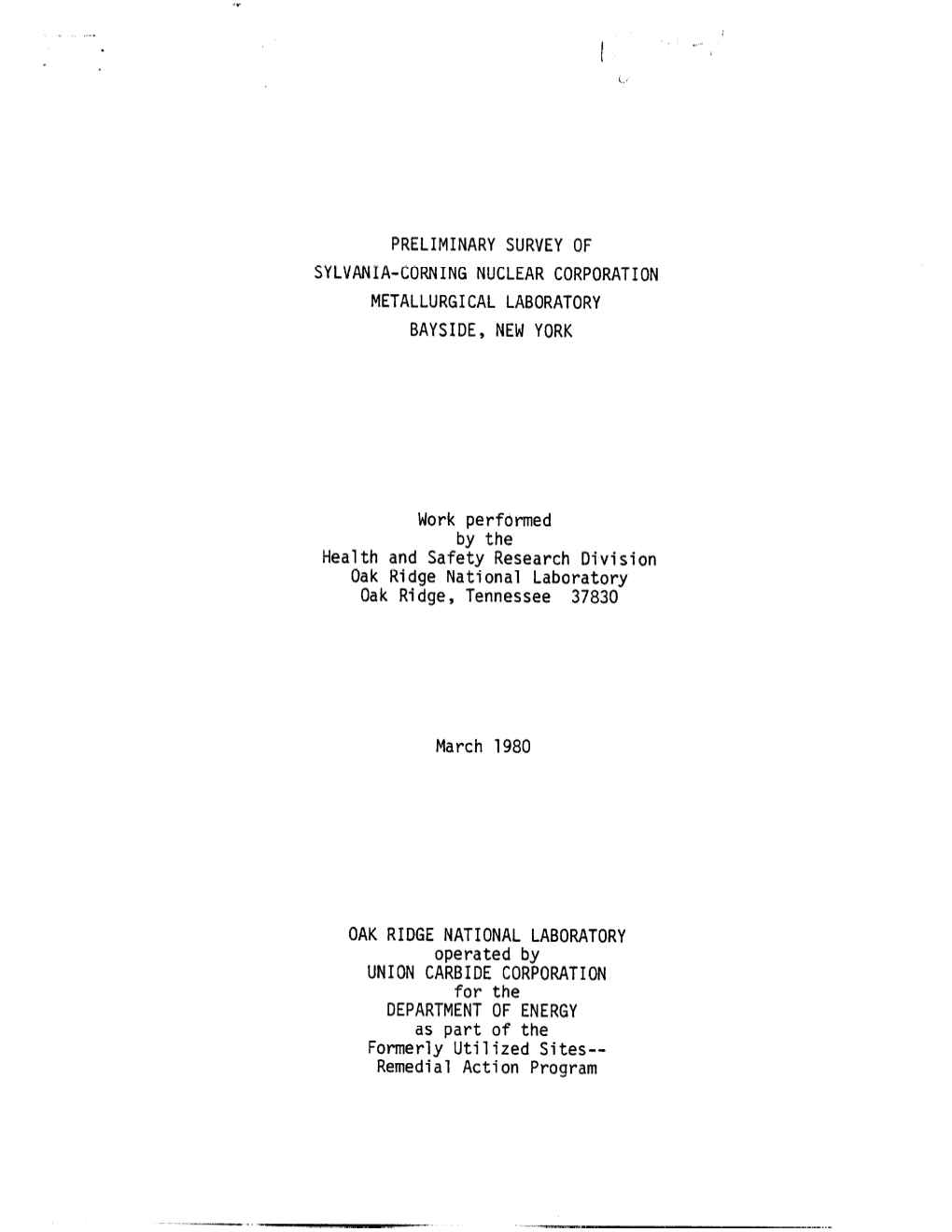 Preliminary Survey of Sylvania-Corning Nuclear Corporation Metallurgical Laboratory Bayside, New York