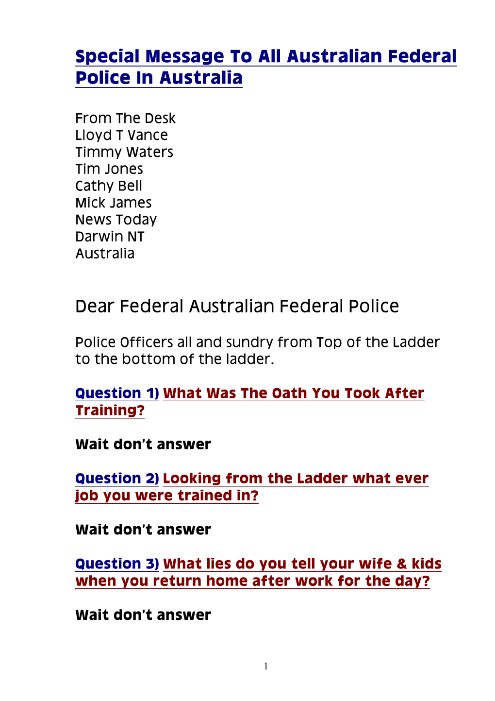 Special Message to All Australian Federal Police in Austra…