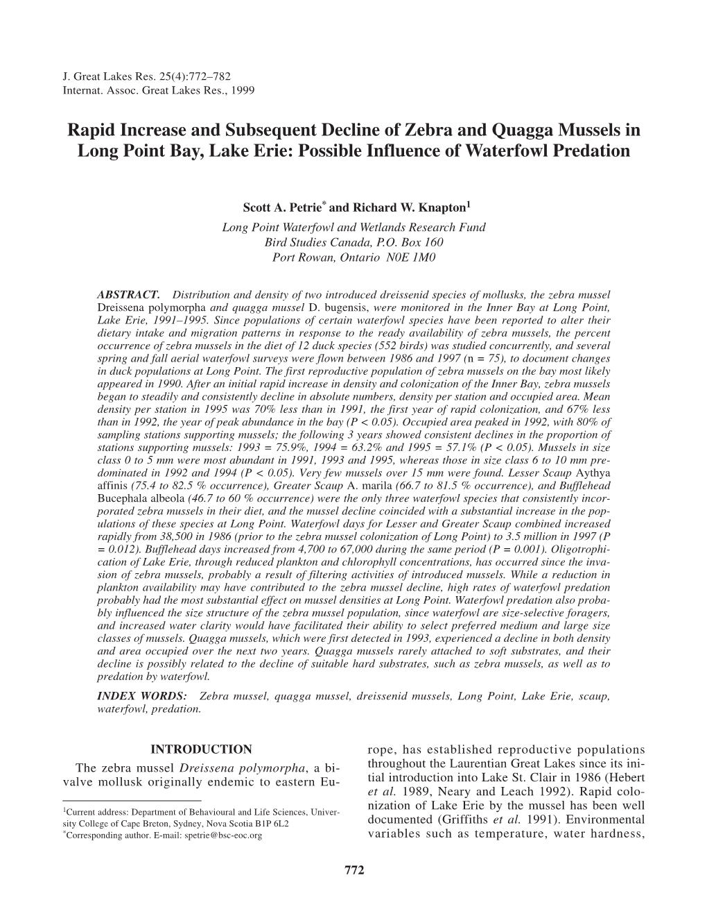 Rapid Increase and Subsequent Decline of Zebra and Quagga Mussels in Long Point Bay, Lake Erie: Possible Influence of Waterfowl Predation