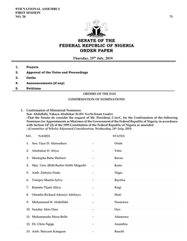 Senate of the Federal Republic of Nigeria Order Paper