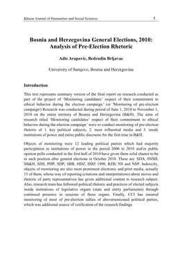 Bosnia and Herzegovina General Elections, 2010: Analysis of Pre-Election Rhetoric