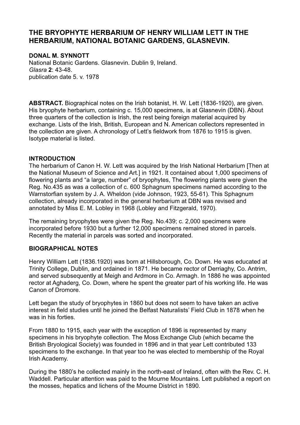 The Bryophyte Herbarium of Henry William Lett in the Herbarium, National Botanic Gardens, Glasnevin