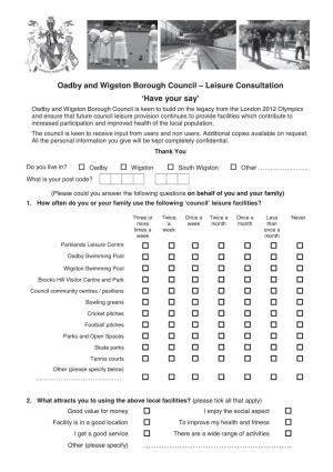 Oadby and Wigston Borough Council – Leisure Consultation 'Have Your Say'