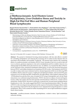 P-Methoxycinnamic Acid Diesters Lower Dyslipidemia, Liver Oxidative Stress and Toxicity in High-Fat Diet Fed Mice and Human Peripheral Blood Lymphocytes