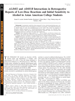 ALDH2 and ADH1B Interactions in Retrospective Reports of Low-Dose Reactions and Initial Sensitivity to Alcohol in Asian American College Students