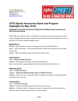 CPTV Sports Announces Game and Program Highlights for May 18-24