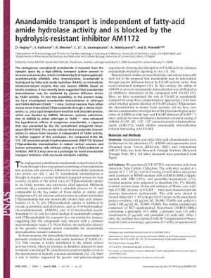Anandamide Transport Is Independent of Fatty-Acid Amide Hydrolase Activity and Is Blocked by the Hydrolysis-Resistant Inhibitor AM1172