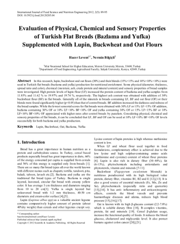 Evaluation of Physical, Chemical and Sensory Properties of Turkish Flat Breads (Bazlama and Yufka) Supplemented with Lupin, Buckwheat and Oat Flours