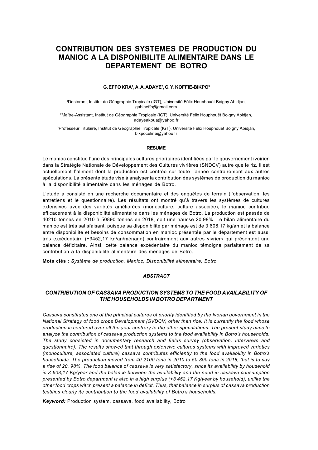 Contribution Des Systemes De Production Du Manioc a La Disponibilite Alimentaire Dans Le Departement De Botro