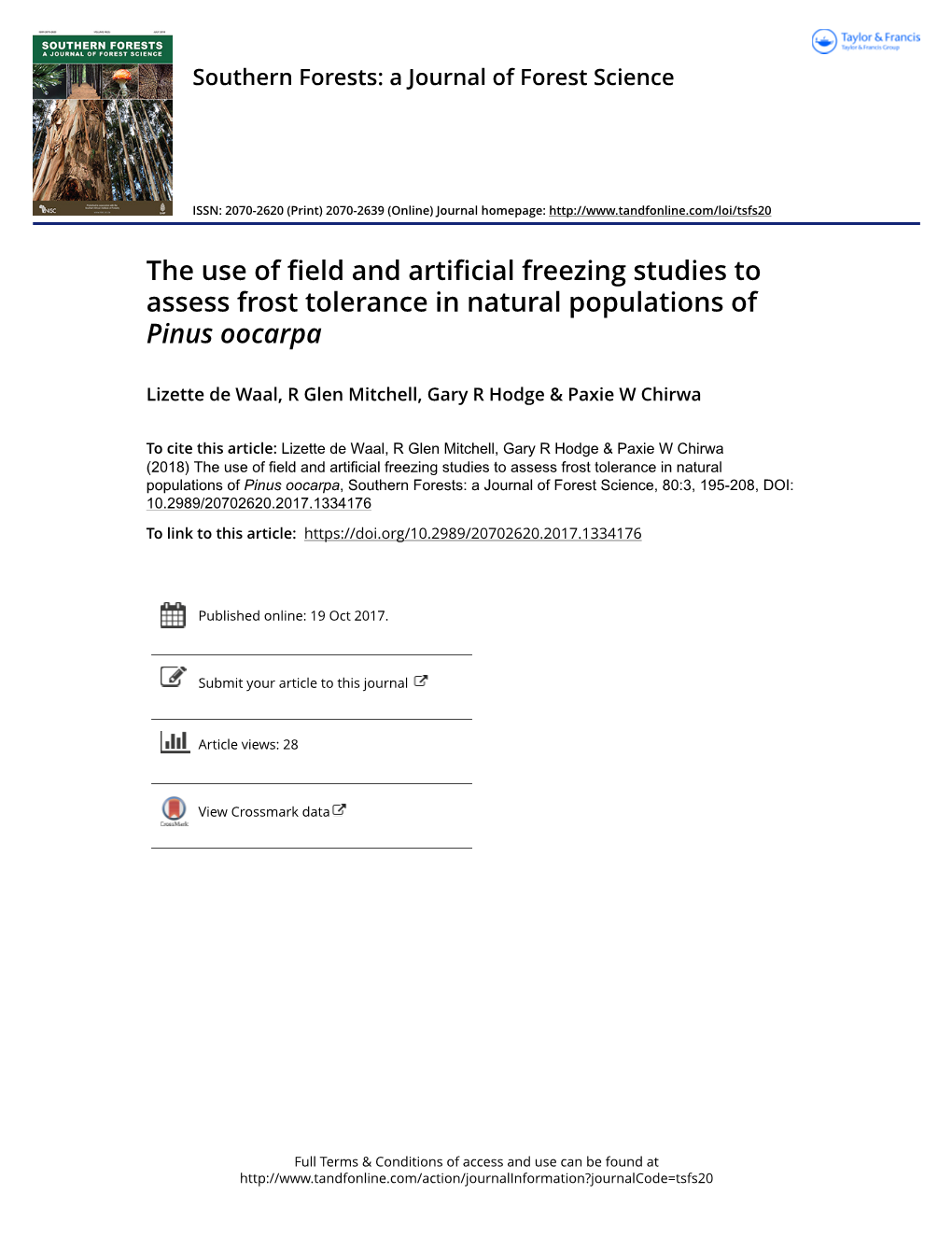 The Use of Field and Artificial Freezing Studies to Assess Frost Tolerance in Natural Populations of Pinus Oocarpa