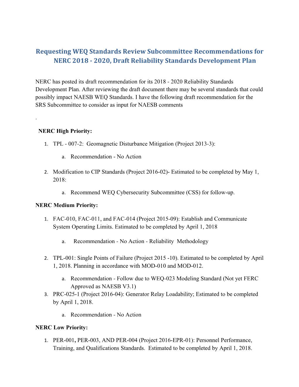 Requesting WEQ Standards Review Subcommittee Recommendations for NERC 2018 - 2020, Draft