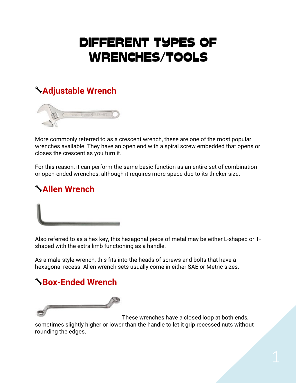 Different Types of Wrenches/Tools