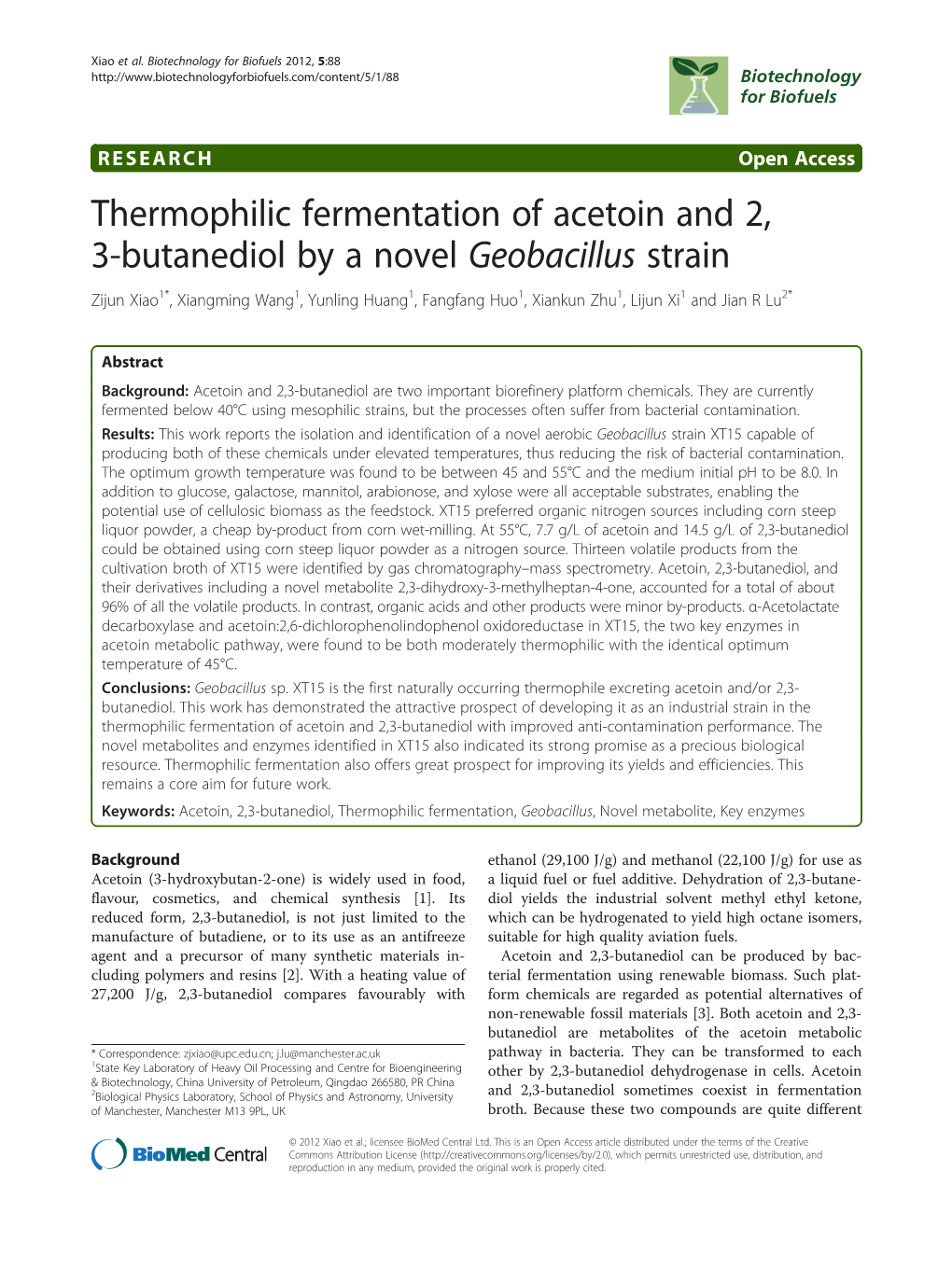 Thermophilic Fermentation of Acetoin and 2, 3-Butanediol by a Novel