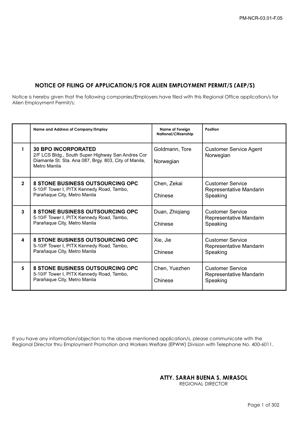 Notice of Filing of Application/S for Alien Employment Permit/S (Aep/S) Atty. Sarah Buena S. Mirasol