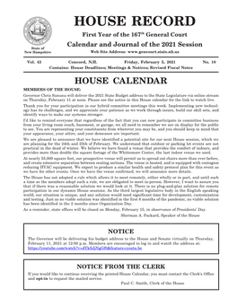 Calendar and Journal of the 2021 Session State of New Hampshire Web Site Address