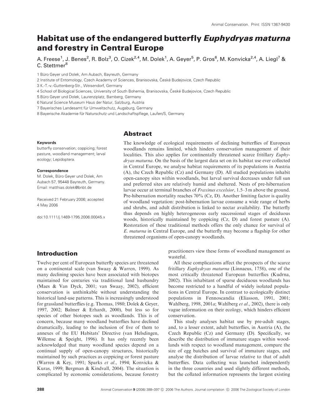 Habitat Use of the Endangered Butterfly Euphydryas Maturna and Forestry in Central Europe A