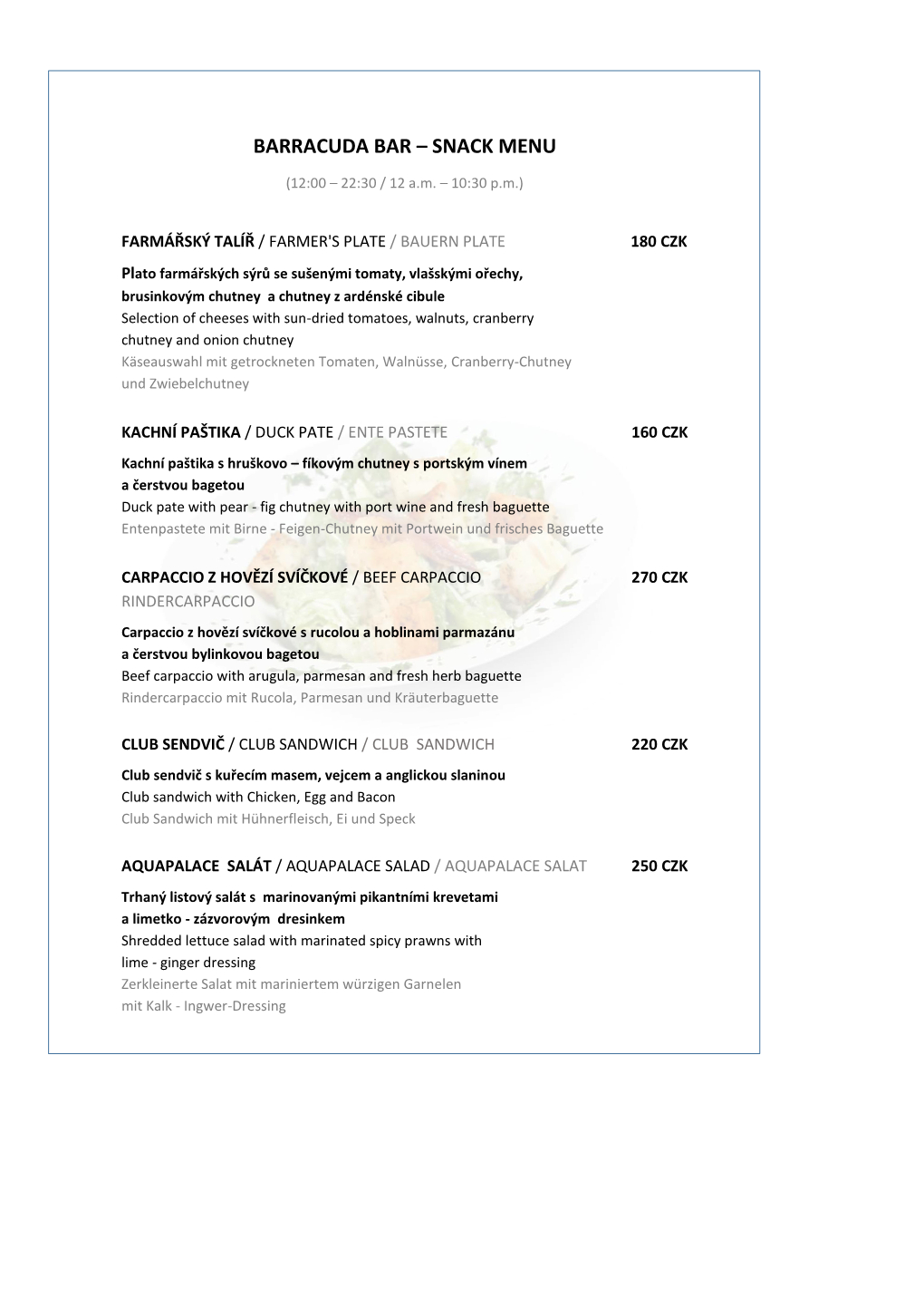 Barracuda Bar – Snack Menu