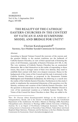 The Reality of the Catholic Eastern Churches in the Context of Vatican Ii and Ecumenism: Model and Bridge for Unity?