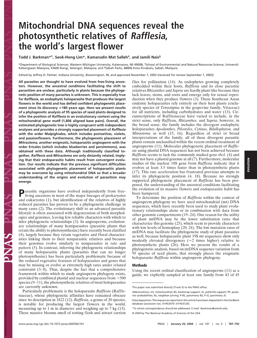 Mitochondrial DNA Sequences Reveal the Photosynthetic Relatives of Rafflesia, the World’S Largest Flower