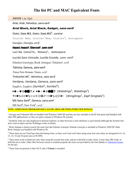 The List PC and MAC Equivalent Fonts