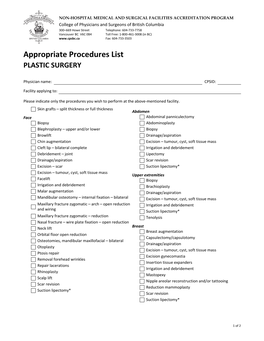 Appropriate Procedures List PLASTIC SURGERY