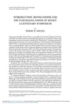 Introduction: Irving Fisher and the Purchasing Power of Money: a Centenary Symposium
