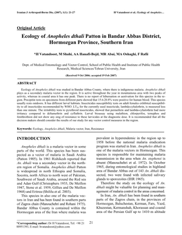 Ecology of Anopheles Dthali Patton in Bandar Abbas District, Hormozgan Province, Southern Iran