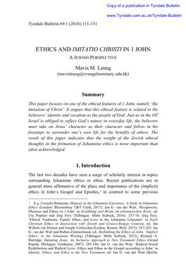 Ethics and Imitatio Christi in 1 John: a Jewish Perspective