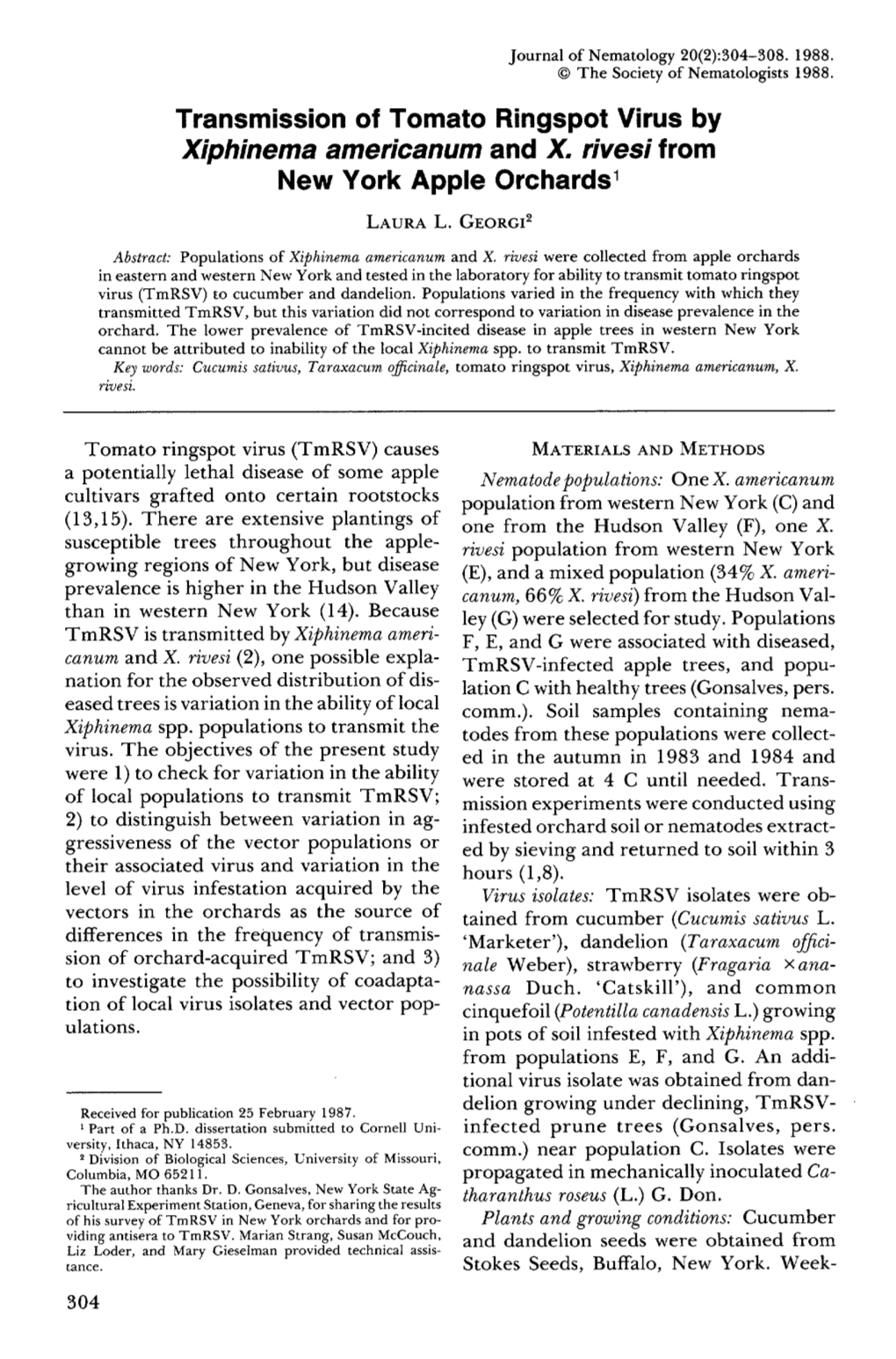 Transmission of Tomato Ringspot Virus by Xiphinema Americanum and X