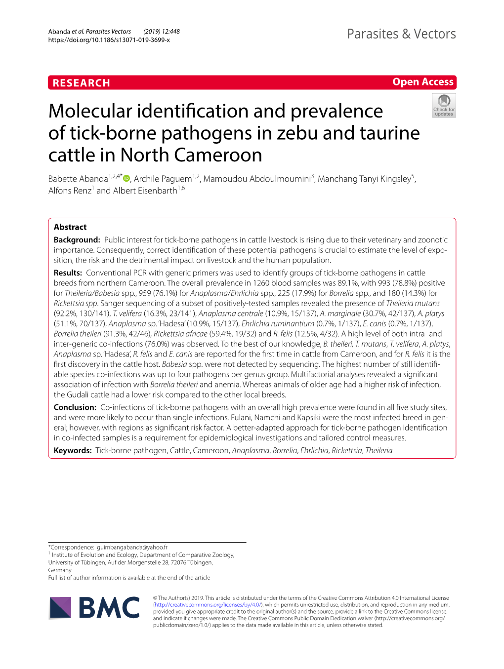 Molecular Identification and Prevalence of Tick-Borne Pathogens