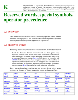 K Reserved Words, Special Symbols, Operator Precedence