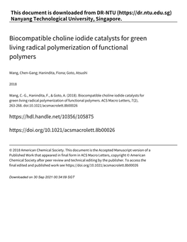 Biocompatible Choline Iodide Catalysts for Green Living Radical Polymerization of Functional Polymers
