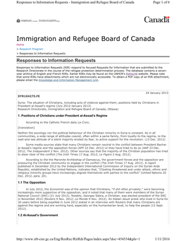 Positions Held by Christians in President Al-Assad’S Regime (July 2012-January 2013) Research Directorate, Immigration and Refugee Board of Canada, Ottawa|