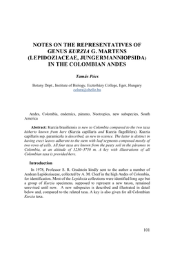 Notes on the Representatives of Genus Kurzia G. Martens (Lepidoziaceae, Jungermanniopsida) in the Colombian Andes