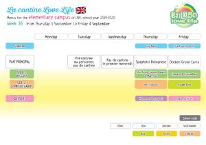 La Cantine Love Life Menus for the Elementary Campus of LFIV, School Year 2019-2020 Week 36 - from Thursday 3 September to Friday 4 September