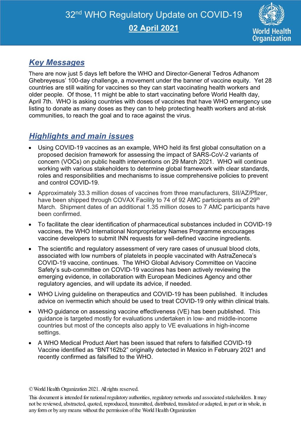 32Nd WHO Regulatory Update on COVID-19