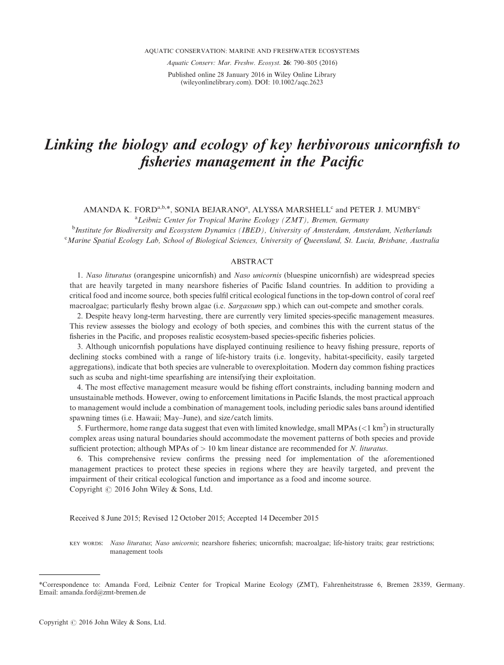 Linking the Biology and Ecology of Key Herbivorous Unicornfish to Fisheries