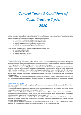 General Terms & Conditions of Costa Crociere S.P.A. 2020