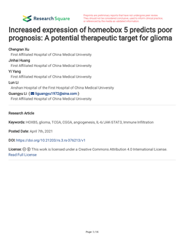 Increased Expression of Homeobox 5 Predicts Poor Prognosis: a Potential Therapeutic Target for Glioma