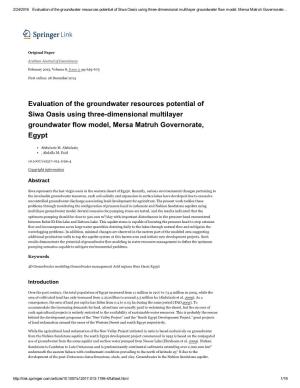 Evaluation of the Groundwater Resources Potential of Siwa Oasis Using Three­Dimensional Multilayer Groundwater Flow Model, Mersa Matruh Governorate…
