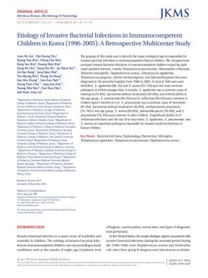 Etiology of Invasive Bacterial Infections in Immunocompetent Children in Korea (1996-2005): a Retrospective Multicenter Study