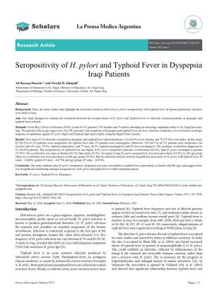 Seropositivity of H. Pylori and Typhoid Fever in Dyspepsia Iraqi Patients