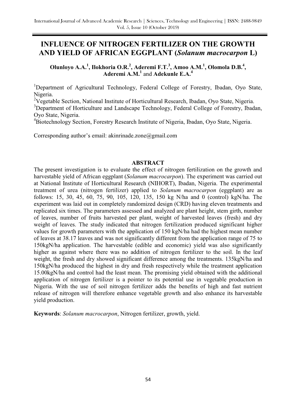 INFLUENCE of NITROGEN FERTILIZER on the GROWTH and YIELD of AFRICAN EGGPLANT (Solanum Macrocarpon L)