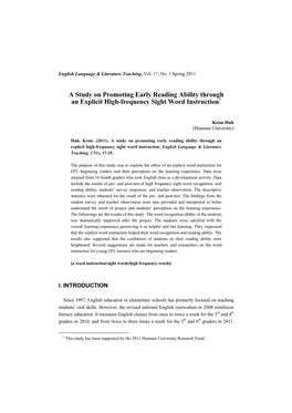 A Study on Promoting Early Reading Ability Through an Explicit High-Frequency Sight Word Instruction
