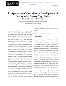 Prospects and Constraints in Development of Varanasi As Smart City, India Dr Akhilendra Nath Tiwary1