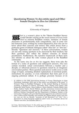 Questioning Women: Ye Shes Mtsho Rgyal and Other Female Disciples in Zhus Lan Literature1
