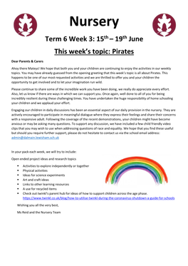 Nursery Term 6 Week 3: 15Th – 19Th June This Week’S Topic: Pirates