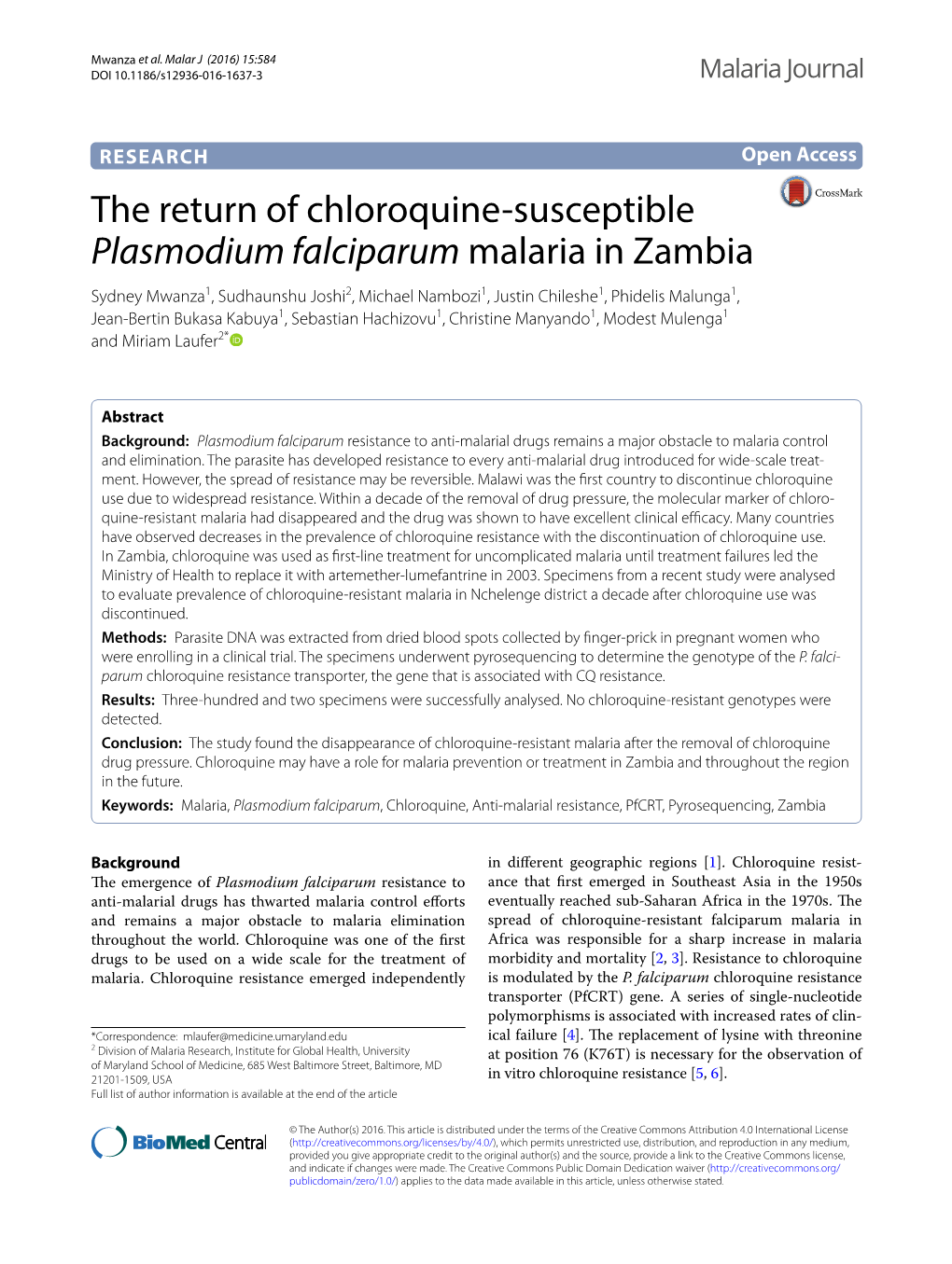 The Return of Chloroquine-Susceptible Plasmodium Falciparum Malaria in Zambia