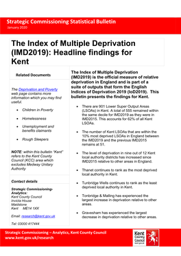 The Index of Multiple Deprivation (IMD2019): Headline Findings for Kent