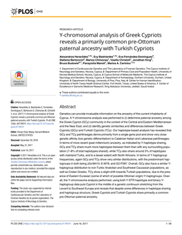 Y-Chromosomal Analysis of Greek Cypriots Reveals a Primarily Common Pre-Ottoman Paternal Ancestry with Turkish Cypriots